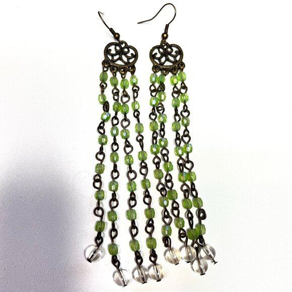 Jewelry - Chain and Beaded Dangle Earrings Brass Tone and Light Green Fringe Earrings Boho